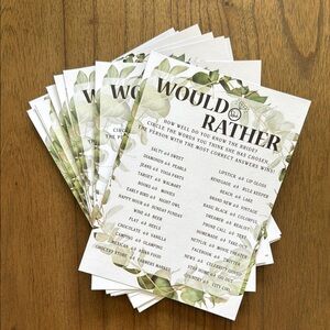 Green and White 'Would She Rather' Bride Game Cards